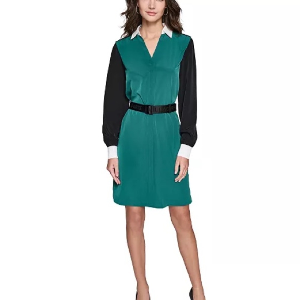 Karl Lagerfeld Emerald Teal Shirt Dress with Black Sleeves and White Collar